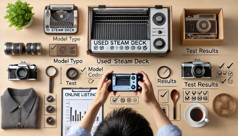 中古のSteam Deckと付属品が整然と並べられたテーブル。日本人男性がスマホで撮影しながら、モデルや状態を丁寧に確認。情報の透明性が高い出品準備の様子を表現。