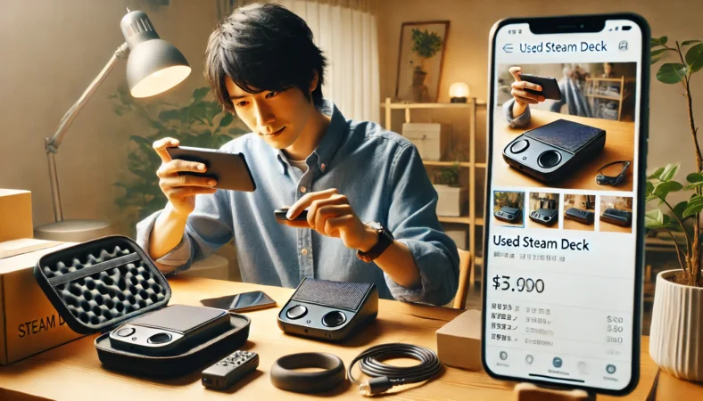 自宅でSteam Deckを丁寧に掃除し付属品を整える日本人男性と、その出品情報をスマホで閲覧する別の男性。中古売買の信頼性を高める工夫を示す場面。