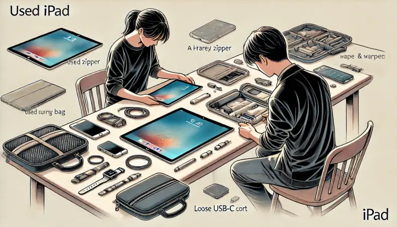 日本人が中古の13インチiPadとスリーブ、バッグを丁寧に点検しているイラスト。机の上で端末の反りやポートの緩み、バッグのファスナーの劣化などを確認している様子が描かれている。