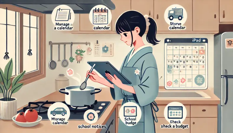 キッチンでiPadをスタンドに立ててレシピを見ながら調理している日本人主婦のイラスト。周囲にはカレンダー、学校のプリント、家計簿などの家事管理アイコンが表示され、iPadによる家事の効率化を表現している。