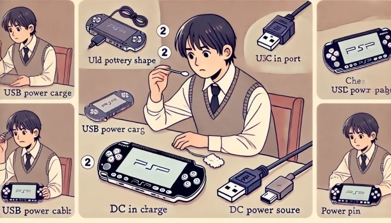 PSPが充電できず、DC IN端子を綿棒で掃除したり、バッテリーの膨らみを確認している日本人が慎重にチェックしているイラスト。テーブルにはUSB電源とUSB→DCケーブルも置かれている