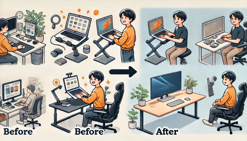 MacBookにマウス、スタンド、外部モニターを組み合わせ、姿勢改善と快適な作業環境を実現した日本人ユーザーのデスクを描いたイラスト