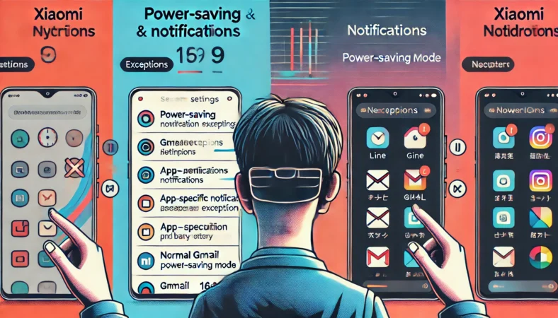Xiaomi HyperOSで通知や省電力設定をアプリごとに調整する日本人ユーザーのイラスト。LINEやGmailなど特定アプリを例外に設定する様子と、通常のバッテリー最適化設定との違いが視覚的に比較されている。