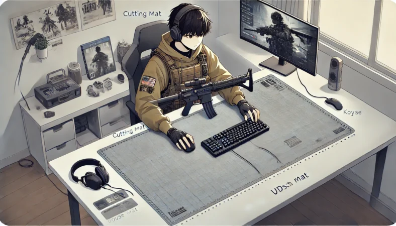 FPSゲームをプレイする日本人のゲーマーが、大型のカッターマット、滑り止めシート、PVCデスクマットを組み合わせて快適な操作環境を整えているデスクシーン。ゲーム用マウスとキーボードが安定した配置で使われており、整った室内で集中する様子が描かれている。