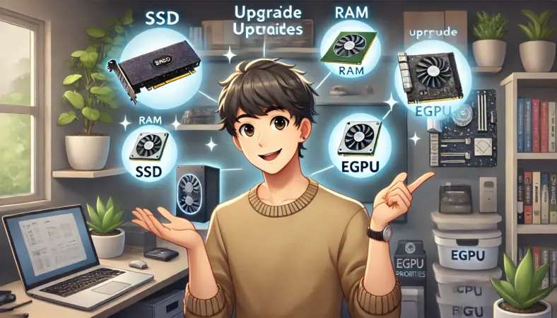 SSD・メモリ・eGPUなど現実的なアップグレード候補を提示し、自信を持って選ぶ日本人男性のイラスト