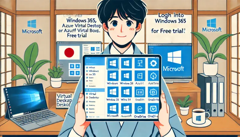 iPadからWindows 365やAzure Virtual Desktopに無料でアクセスし、スムーズにクラウド環境で作業する日本人ユーザーのイラスト。OneDriveや共有フォルダにアクセスしながら快適に仮想デスクトップを利用している様子が描かれている。