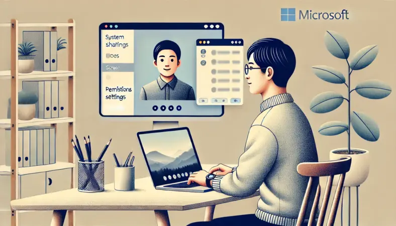 日本人ユーザーがMacBookでMicrosoft Teamsの画面共有を行っている様子。macOSのシステム設定ウィンドウが背後に見え、画面収録の権限設定を確認している。明るく整ったホームオフィス環境。