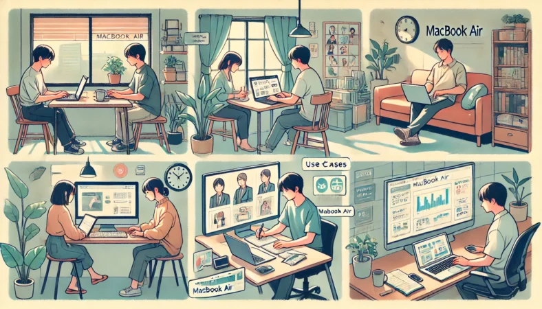 MacBook Airを使ってブログ執筆、ファイル整理、オンライン会議を行う日本人たちのシーンを描いたイラスト。実際の利用例が多様に表現されている