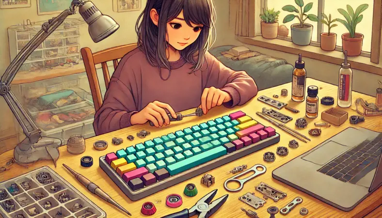 日本人女性がデスクでキーボード型キーホルダーをDIYしている様子。メカニカルスイッチやカラフルなキーキャップ、金属ホルダー、二重リングなどのパーツを丁寧に組み立てており、作業机には工具と部品が整理されて並んでいる。