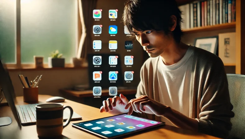 iPadの画面に複数のウインドウが重なり混雑した操作画面を前に、困惑した表情を浮かべる日本人ユーザーが明るいホームオフィスで作業している様子。