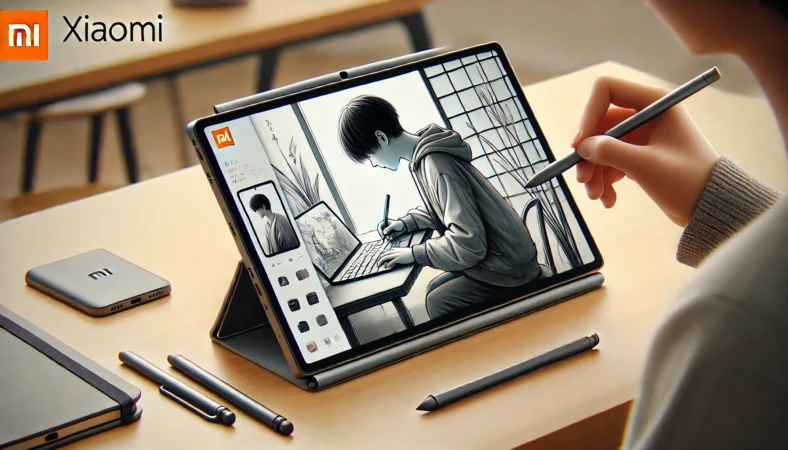 スタイラスペンとカバーを使い、Xiaomiタブレットで分割画面と手書きメモを快適に操作する日本人ユーザーのイラスト。静かなカフェや自宅のような環境で、アクセサリを活用して効率的に作業している様子が描かれている。