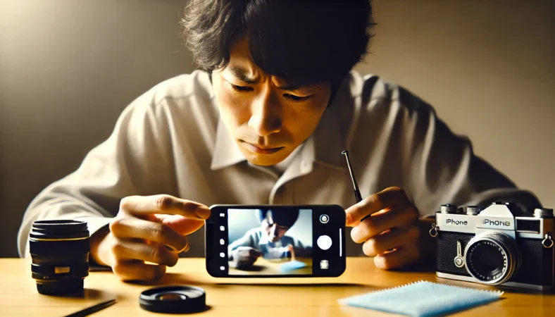 室内でiPhoneカメラの不調に困惑する日本人ユーザーと、トラブル対応に使うアクセサリ類が置かれたテーブル