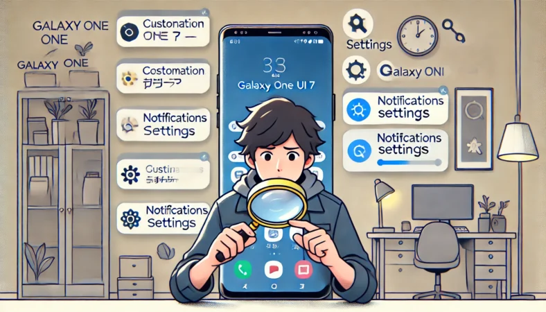Galaxy One UI 7にアップデート後、通知パネルやロック画面の変化に戸惑っている日本人ユーザーのイラスト。スマホを操作しながら、設定アプリ内検索(虫眼鏡アイコン)で調整方法を探している様子。周囲にはカスタマイズや通知設定のアイコンが描かれ、冷静に使いにくさを解消しようとしている。