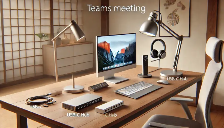 MacBook会議環境を快適にするための5つのアクセサリ（有線ヘッドセット、USB-Cハブ、外部モニター、LEDライト、ノートPCスタンド）が整理された日本の自宅デスクに配置されている様子のイラスト。