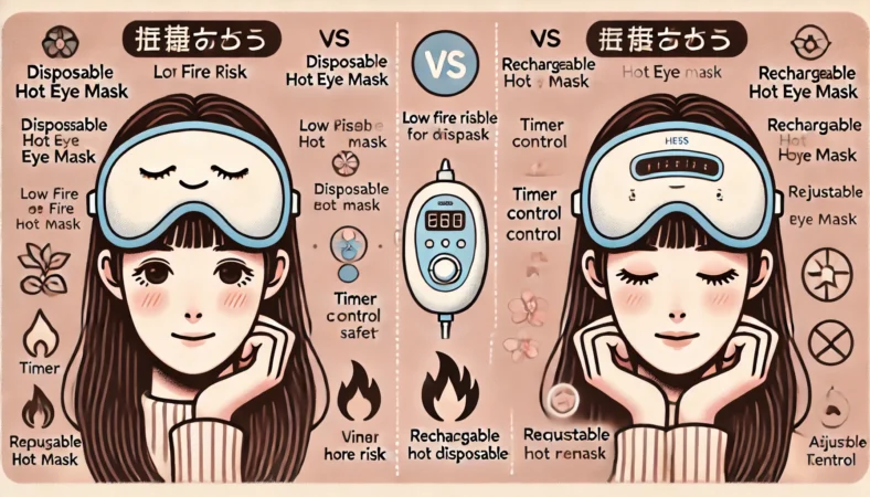 使い捨てと充電式のホットアイマスクを使う日本人女性2人を比較し、それぞれの安全性と特徴を視覚的に示したイラスト