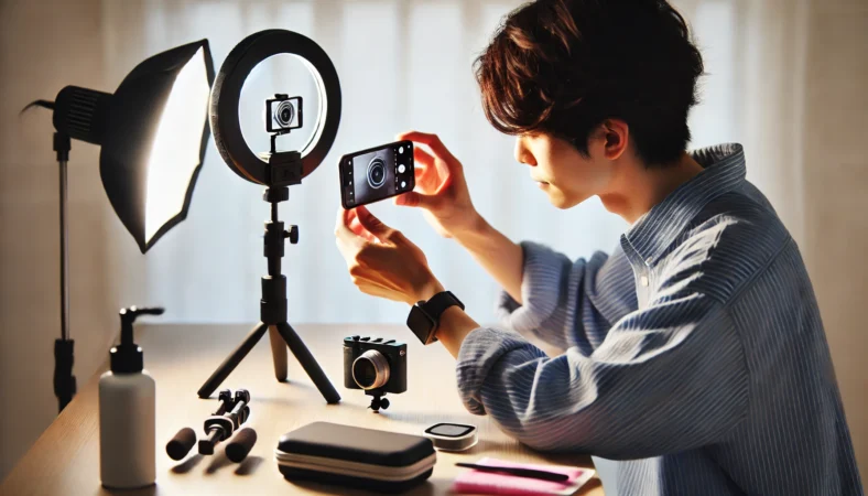 室内で安定した姿勢でiPhoneを操作し、補助ライトを使って最適な撮影状態を整えている日本人ユーザー