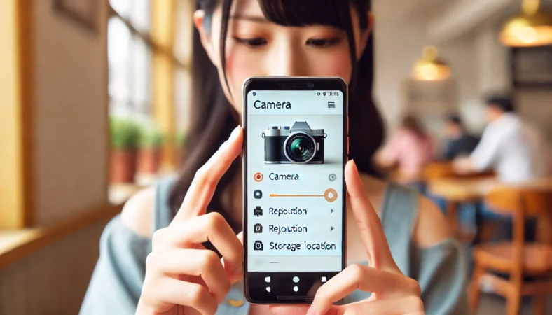 Androidスマートフォンの標準カメラアプリを操作し、保存先や画質設定を調整している日本人女性。日常的な明るい環境で正しい使い方を実践している様子。