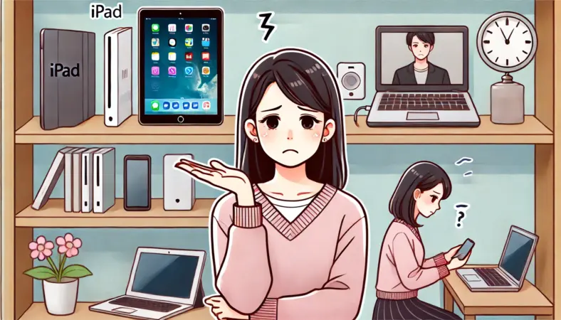 iPadが棚の上でバッテリー切れのまま放置され、代わりにノートパソコンとスマートフォンを使用している日本人女性のイラスト。iPadがうまく活用されず、持て余されている現状を表している。