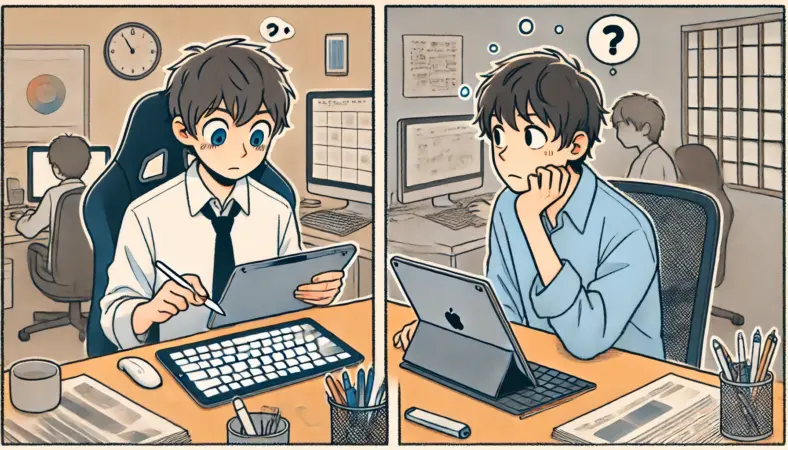 左側にiPadを活用して勉強や作業をしている日本人、右側にiPadを使わず困惑している別の日本人を並べた比較イラスト。それぞれの生活環境の違いが背景に反映され、使い方の差を視覚的に表現している。