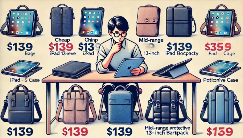 日本人が机の上に並べた複数のiPad用バッグとスリーブを比較しているイラスト。薄手の安価スリーブ、中程度の保護ケース、高級なクッション付きバックパックが並び、価格と品質のバランスを検討している様子を表現。