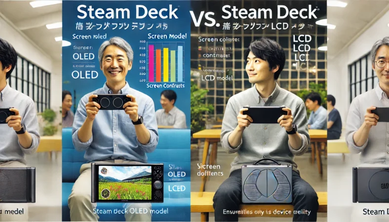 Steam Deck OLEDとLCDを使う日本人男性の比較。OLED使用者は発色の良さに満足げで、LCD使用者はやや不満そう。画面の鮮明さと重量感の違いを視覚的に表現。