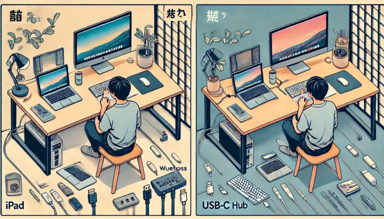 左半分に無線(Bluetooth)で快適にiPadを操作している日本人ユーザー、右半分にUSB-Cハブで有線接続して作業する様子を描いた比較イラスト。どちらも整ったデスク環境で快適に使われている様子が伝わる。