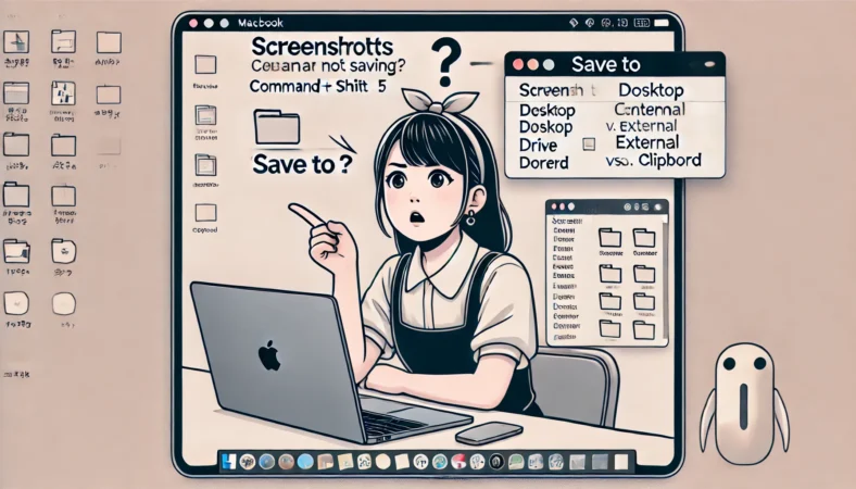 スクリーンショットが保存されない原因を探る日本人女性のイラスト。MacBook画面にはスクショパネルが表示されており、保存先が外付けドライブまたはクリップボードになっている様子が描かれている。