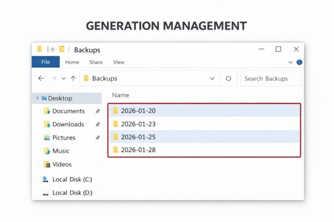 保存先フォルダの中に「2026-01-20」「2026-01-23」のように日付がついたフォルダが並んでいるスクリーンショット
