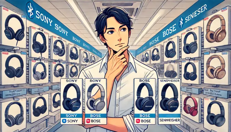 家電量販店のヘッドホン売り場で、SonyやBose、Sennheiserなど信頼性の高いメーカー製Bluetoothヘッドホンを比較検討している日本人男性のイラスト。製品ごとの違いを見比べる様子が描かれている。