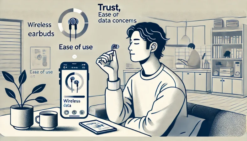 自宅で信頼性のあるワイヤレスイヤホンを使用しながら、スマートフォンで設定アプリを開いて安心して操作している日本人を描いたイラスト。情報面の不安を軽減する穏やかなシーン。