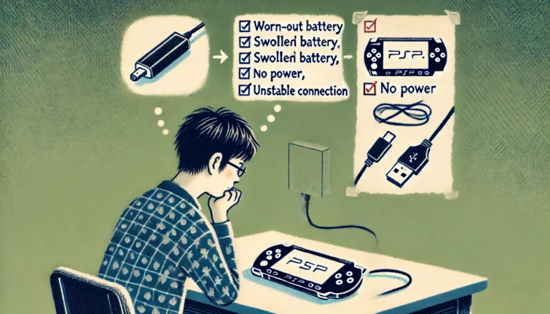修理か代用かを検討する日本人が、バッテリーや代用ケーブル、チェックリストを見比べながら机に向かって考えているイラスト。PSP本体はバッテリーを外した状態で置かれている。