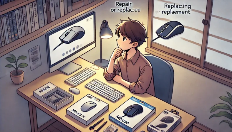 日本人の人物が2つのマウスを比較し、修理か買い替えかを慎重に判断しているイラスト。デスクにはPC、マウスのパッケージ、小型の修理用工具が並び、保証や交換の判断に迷う様子が描かれている。