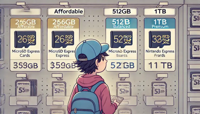 Nintendo Switch 2向けの256GB・512GB・1TB microSD Expressカードの価格を比較している日本人ユーザーのイラスト。それぞれ「安価」「バランス」「高級」といった価格帯を象徴するデザインが施された店頭風のシーン。
