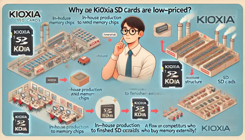 自社工場でNANDメモリを製造し、そのままSDカードに仕上げる流れと、他社が外部から仕入れて組み立てる流れを比較する図解。日本人の男性が眼鏡をかけて解説する技術系イラスト。