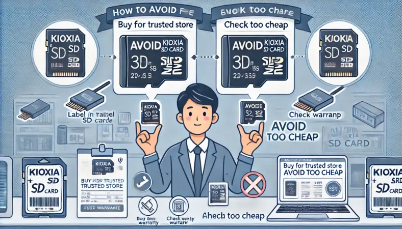 本物と偽物のKIOXIA SDカードを比較する日本人男性。ラベルやパッケージ、シリアルナンバーの違いを確認しながら、隣のノートPCでは速度テストソフトが実行されている。信頼できる購入方法を視覚的に説明する教育的なイラスト。