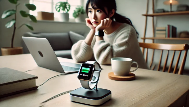 日本人女性がデスクでApple Watchの充電が80%で止まっている様子を不安そうに見つめているシーン。途中で止まる充電のトラブルを視覚的に表現。