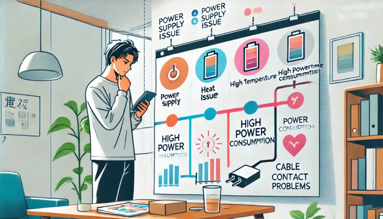 日本人男性が自宅でスマートフォンの充電減少の原因を分析するため、大きなボードを使って「電力不足」「高温」「高負荷」「接触不良」の4つを視覚的に整理しているイラスト。