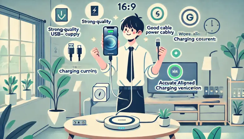 日本人のスマートフォンユーザーが、USBテスター・高出力充電器・信頼性の高いケーブル・MagSafe式ワイヤレス充電を使って充電を安定化させている様子。部屋は涼しく整っており、ユーザーは安心した表情を見せているイラスト。