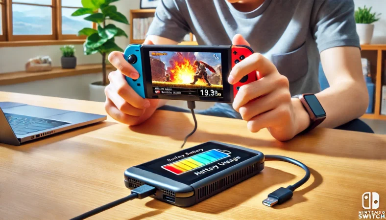 Nintendo Switch 2を充電しながらアクションゲームをプレイしている日本人プレイヤー。熱が背面から立ち上り、消費電力の高さが視覚的に表現されている。