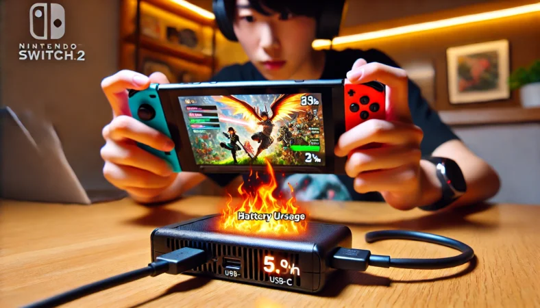 Nintendo Switch 2を充電しながらアクションゲームをプレイしている日本人プレイヤー。熱が背面から立ち上り、消費電力の高さが視覚的に表現されている。
