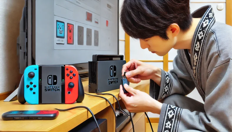 Nintendo Switch 2が充電できない問題に直面している日本人プレイヤーが、電源コードの抜き差しやドックの確認、リセット操作を試している様子。部屋は整頓され、TVスタンドにドックが設置されている。