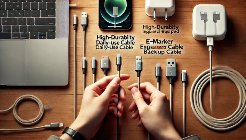 木製デスクの上に2本のUSB-Cケーブル（耐久性重視のメインケーブルとE-Marker搭載の予備ケーブル）が並べられ、日本人の手がその一つを丁寧に確認している様子。背景にはiPhone16と充電器が見える。