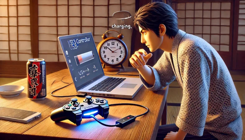 PS3コントローラーが充電中のように点滅しているが、実際には充電されていない状況を日本人男性が確認している。木製テーブル上のノートPCとUSB接続、時計で時間経過も示されており、接続不良を疑ってケーブルを軽く触っている。
