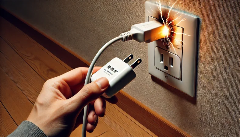 コンセントに差し込まれたUSB充電器から軽い火花が出ており、日本人の手が安全のために充電器を抜こうとしている場面。焦げ跡が見える家庭用壁面と木製フローリングが特徴。