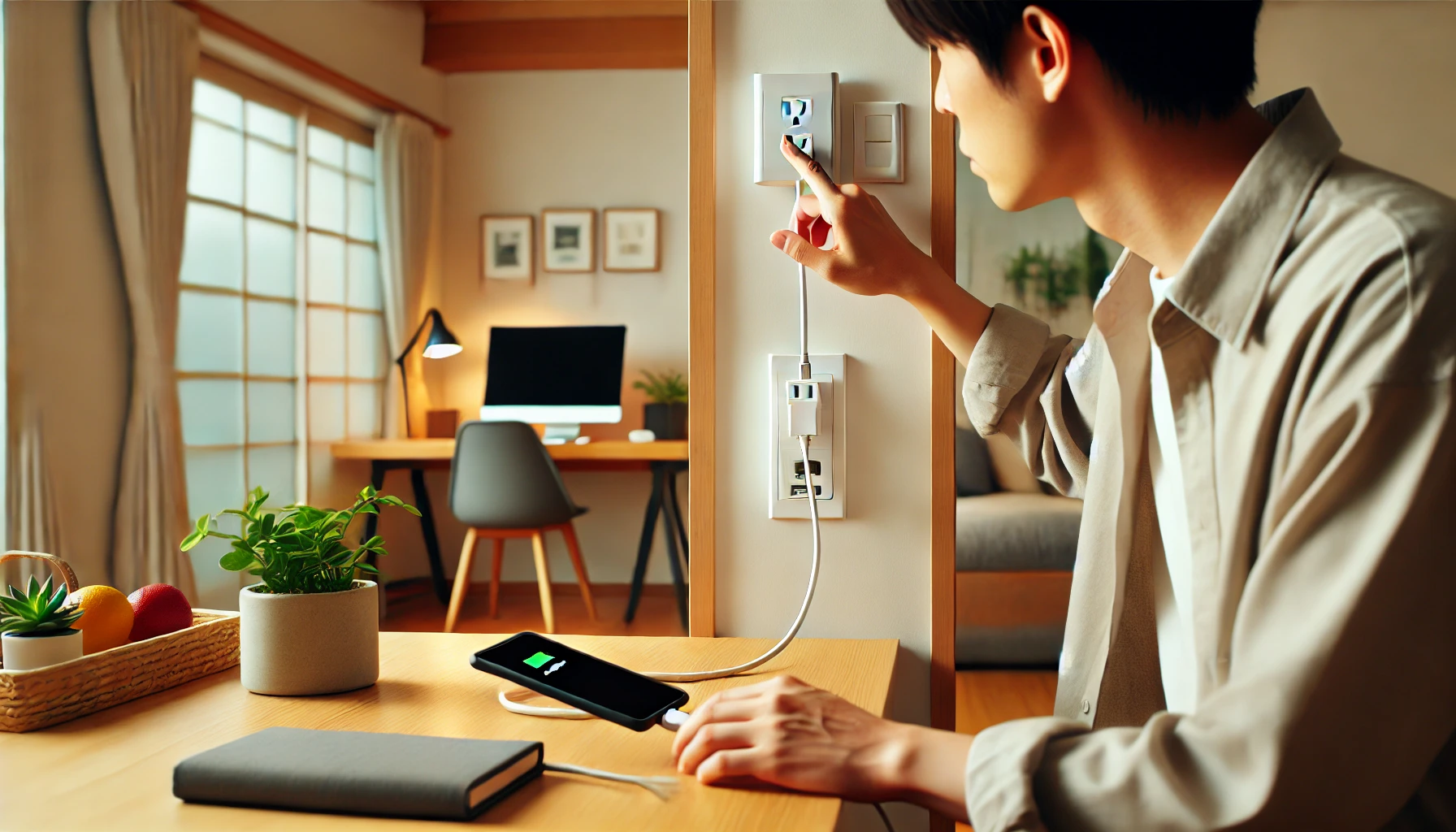 日本人の男性がUSB充電器を触りながら、異音や発熱を確認している様子。デスクにはスマホが充電中で、室内は現代的な日本の家庭環境。