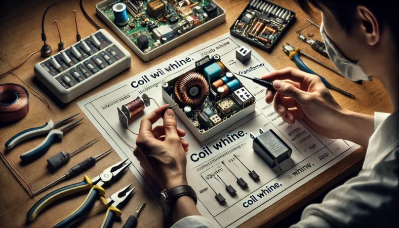 日本の電子機器修理ラボで、日本人の技術者がUSB充電器の内部を分解し、コイルとトランスを指しながらコイル鳴きの原因を説明している様子。プロフェッショナルな作業環境が整っている。