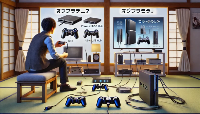 複数のUSB充電器の中から、PS3コントローラーが安定して充電できる環境を比較している日本人の姿。コンセントに接続されたUSB充電器が複数確認できる。