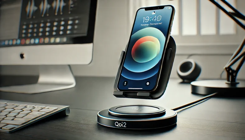 Qi2スタンド型ワイヤレス充電器にスマートフォンが磁力で固定され、背面の通気スペースが確保されたデスク環境。熱対策と効率的な充電を両立している様子。