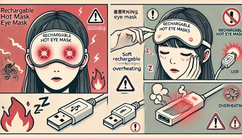 寝落ちによる低温やけどと、充電ポートの異常発熱・発煙の危険性を視覚的に示した日本人女性のイラスト