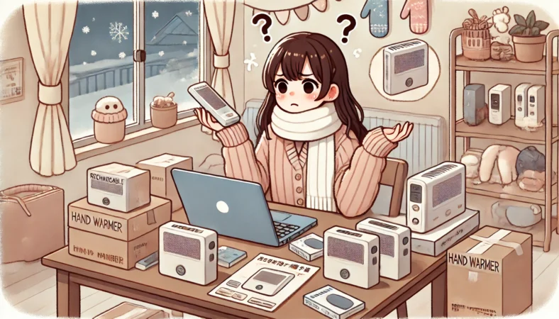 充電式カイロの購入を検討中の日本人女性が、複数の製品と説明書、ノートパソコンを前にして困惑している様子。冬用の手袋やマフラーが机に散らばり、室内は暖かく落ち着いた雰囲気。